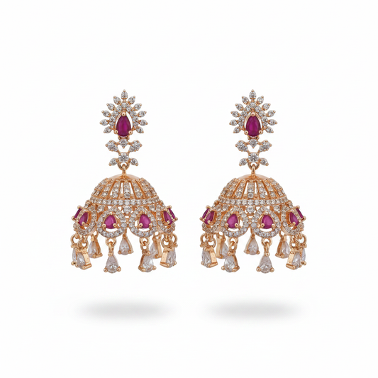 Rose gold CZ jhumka earrings pink - white background product shot