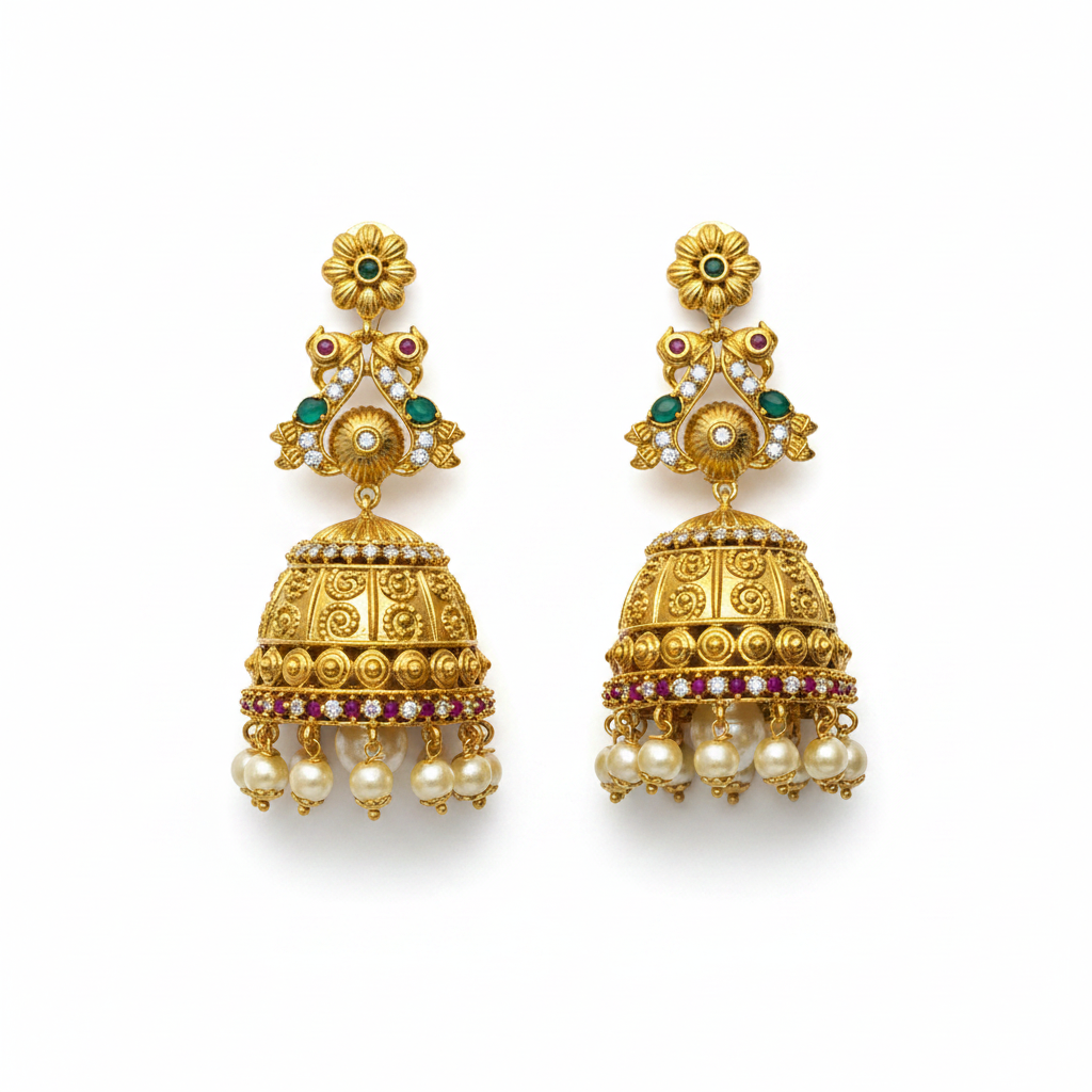 Flat lay of antique jhumka earrings on white background