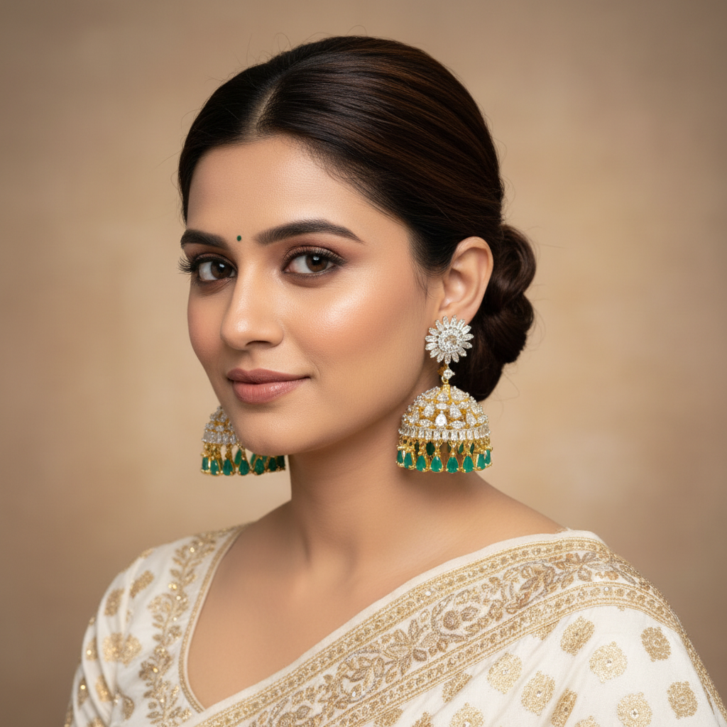 Model wearing 360° Rotating CZ Jhumki Emerald