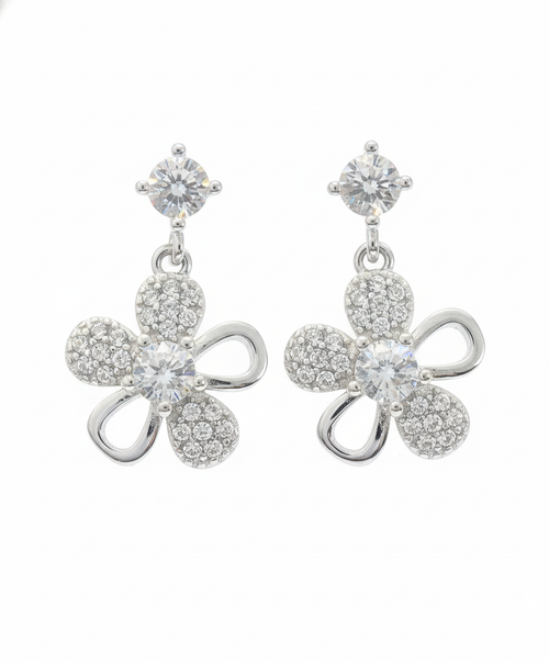 925 Silver Bow Flower Earrings with Crystal Studs