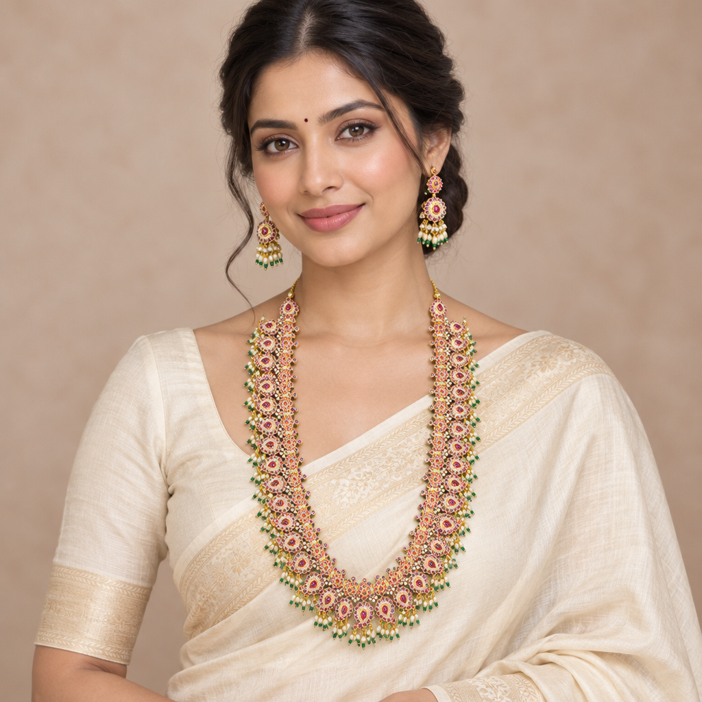 Model wearing long mango guttapusalu haram and matching earrings