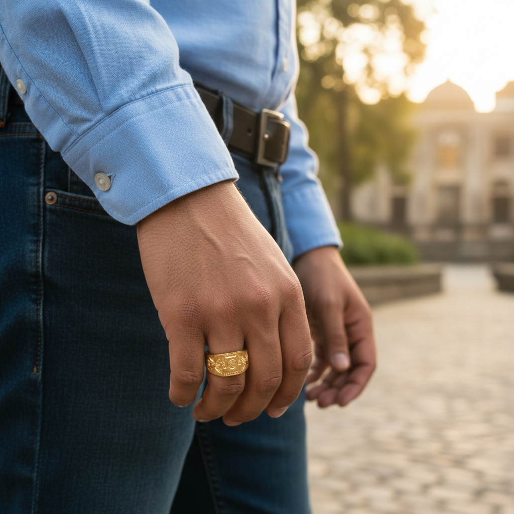 24K Gold Plated Traditional Motif Men's Ring - Premium Alloy Band
