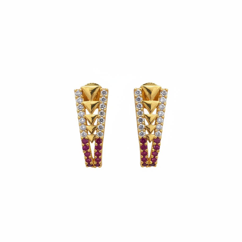 24K gold plated geometric hoop earrings with clear stones on white background