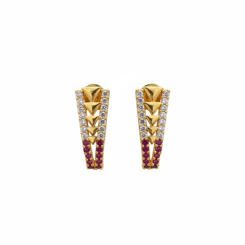 24K gold plated geometric hoop earrings with clear stones on white background