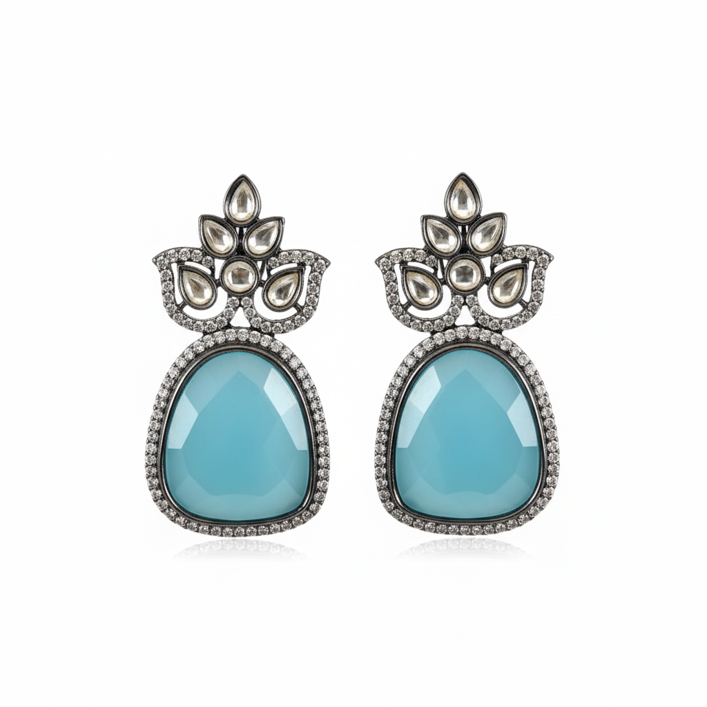 Victorian Kundan Earrings - Sky Blue