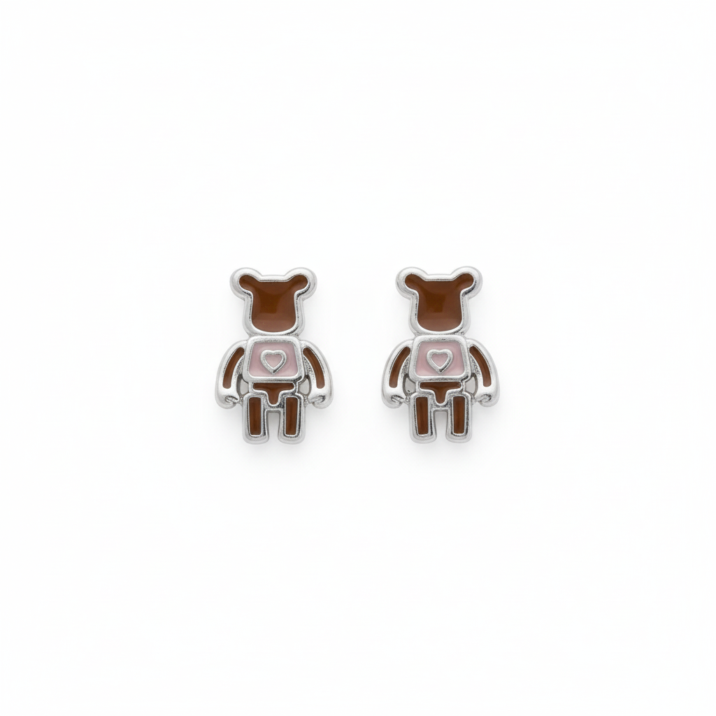 925 Silver Teddy Bear Earrings for Kids - Cute Brown Bear Studs