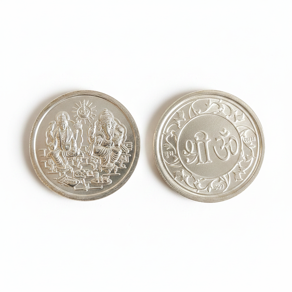 999 Pure Silver Lakshmi Ganesha Coin front and back white background