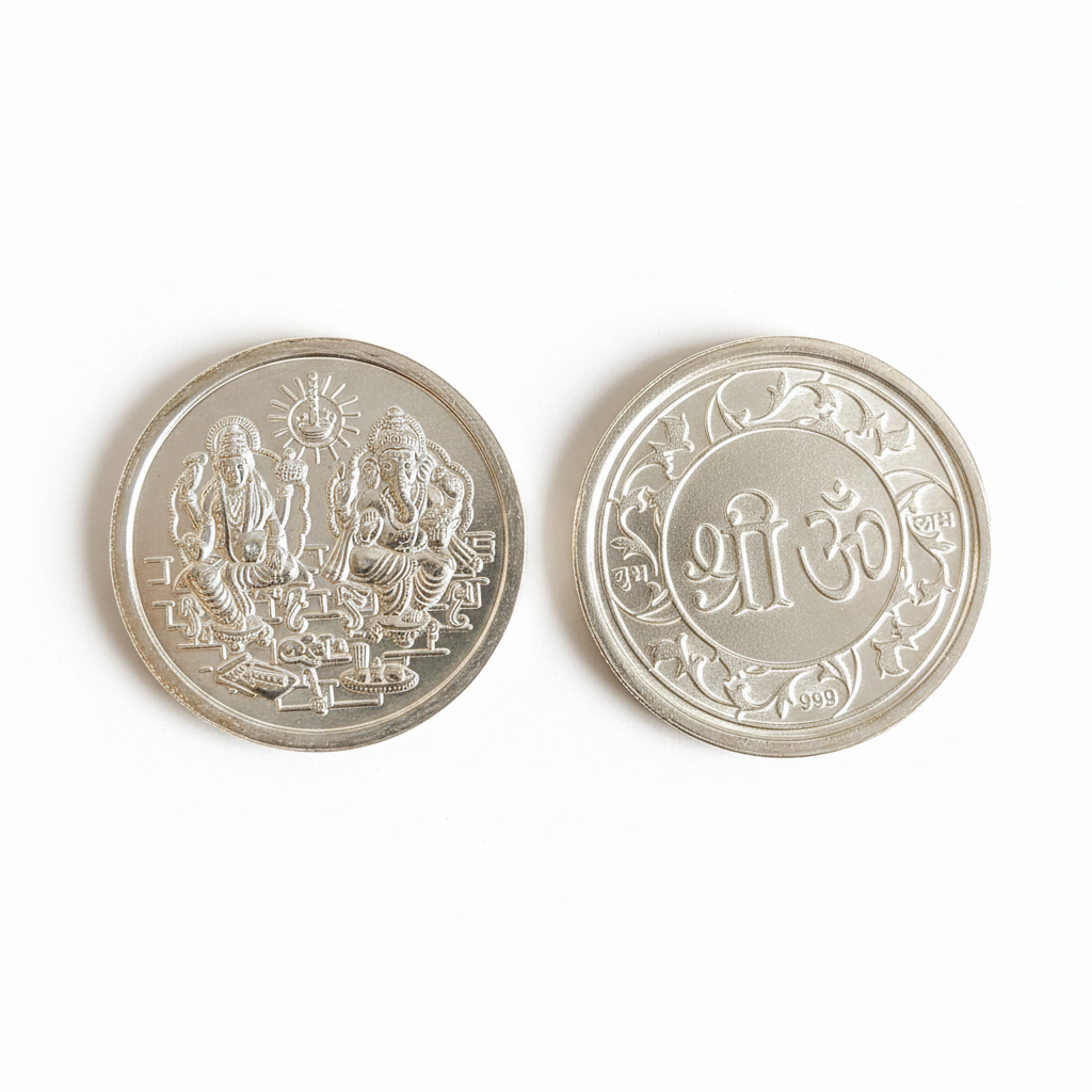 999 Pure Silver Lakshmi Ganesha Coin front and back white background