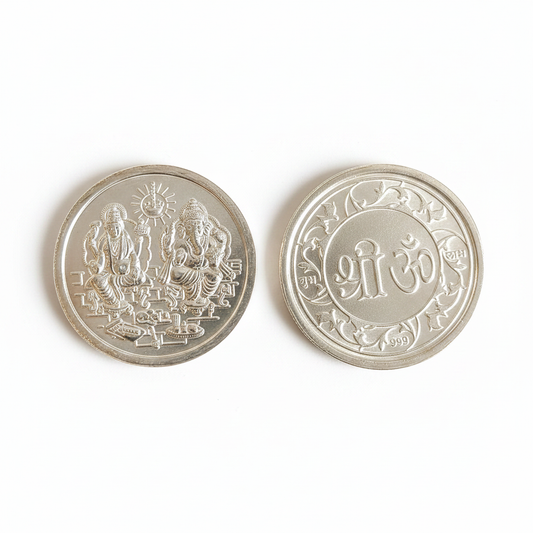 999 Pure Silver Lakshmi Ganesha Coin front and back white background