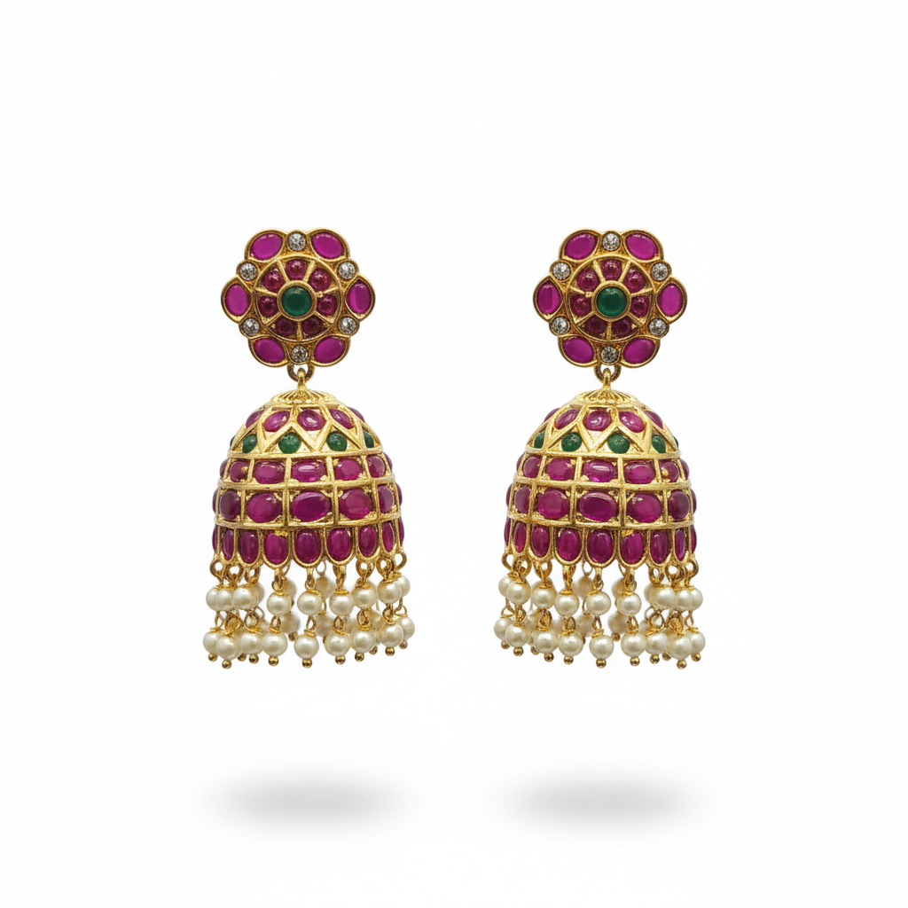 Emerald Kempu Jhumka - Pearl Drops - White Background Hero