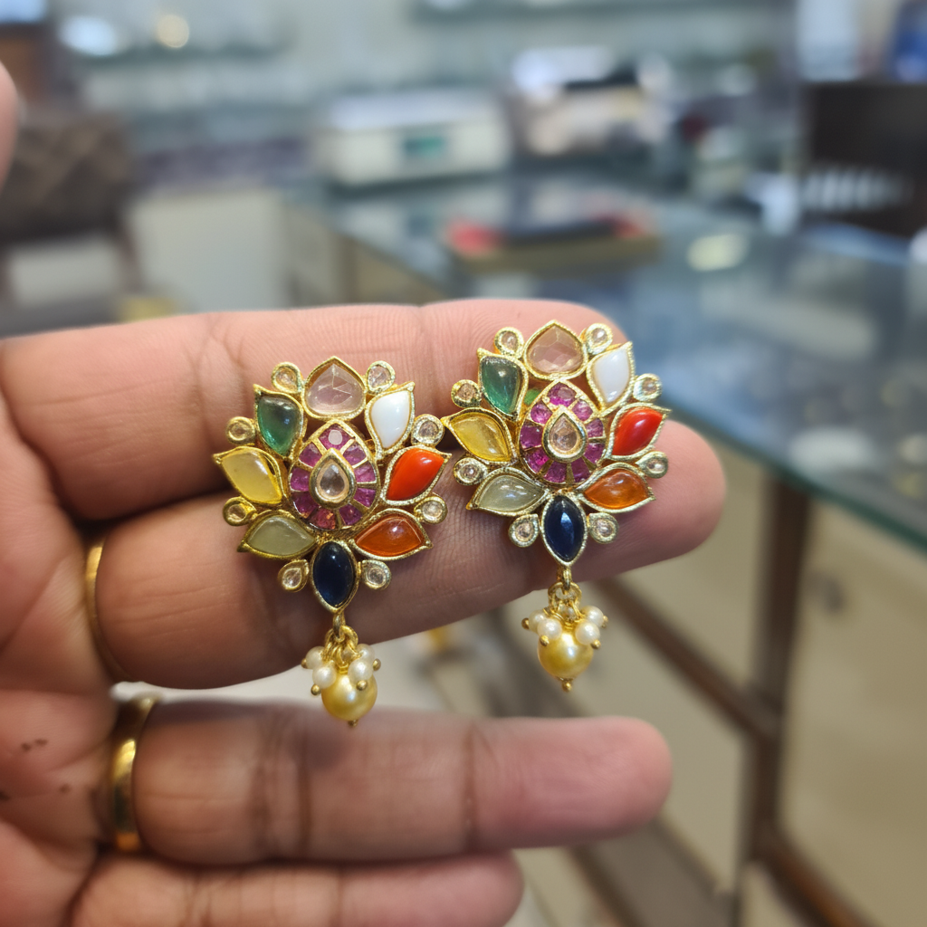Navratna Lotus Earrings macro close-up gemstone detail