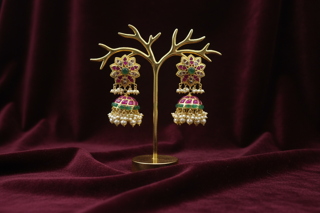 Star Flower Emerald Kundan Jhumka - Boutique Display on Burgundy Velvet