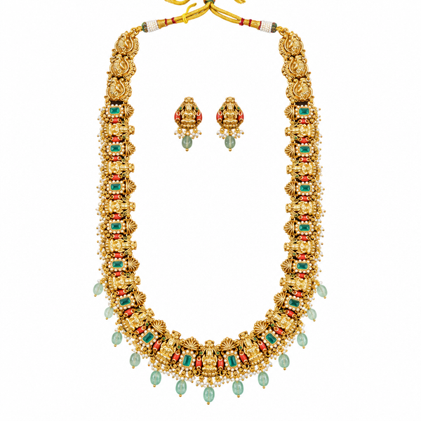 Full necklace and earrings on white background