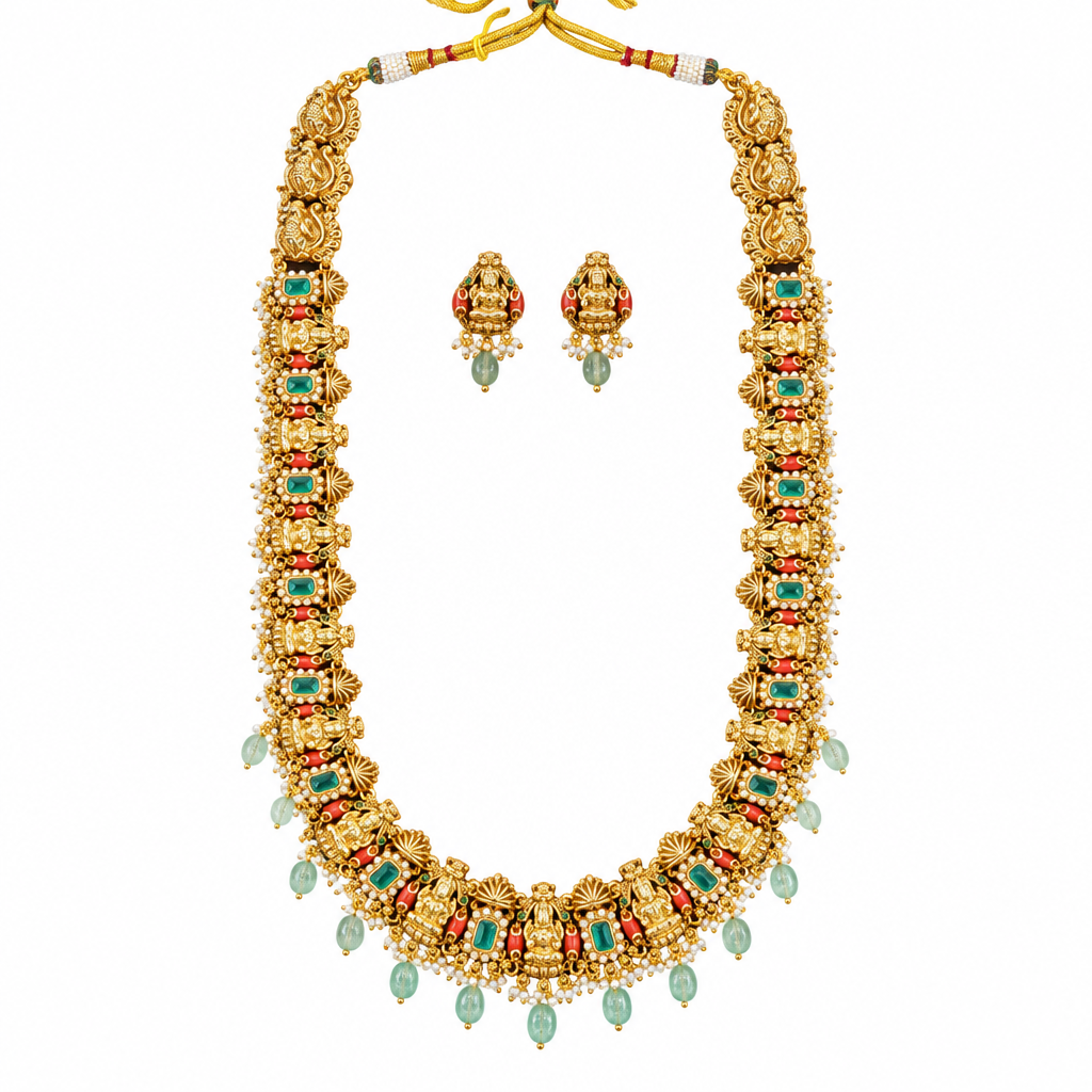Full necklace and earrings on white background