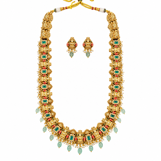 Full necklace and earrings on white background