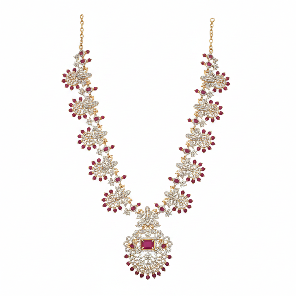 CZ Long Haram Necklace Set - Ruby Red - Flat Lay