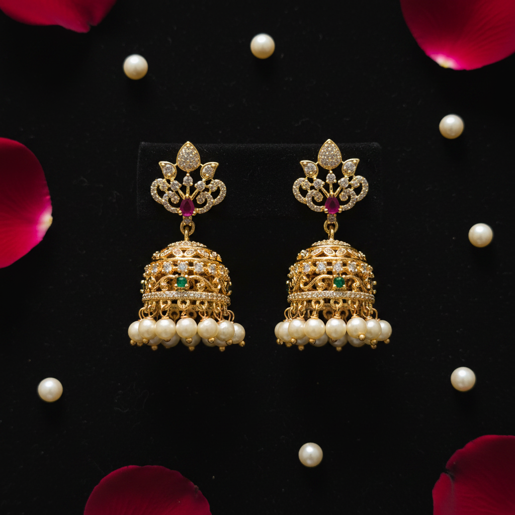 Filigree Dome Jhumka Earrings Dark Velvet Flat Lay