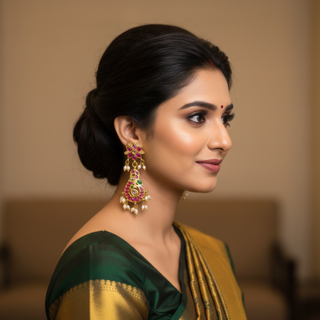 Kempu Peacock Dangler Earrings – model wearing earrings