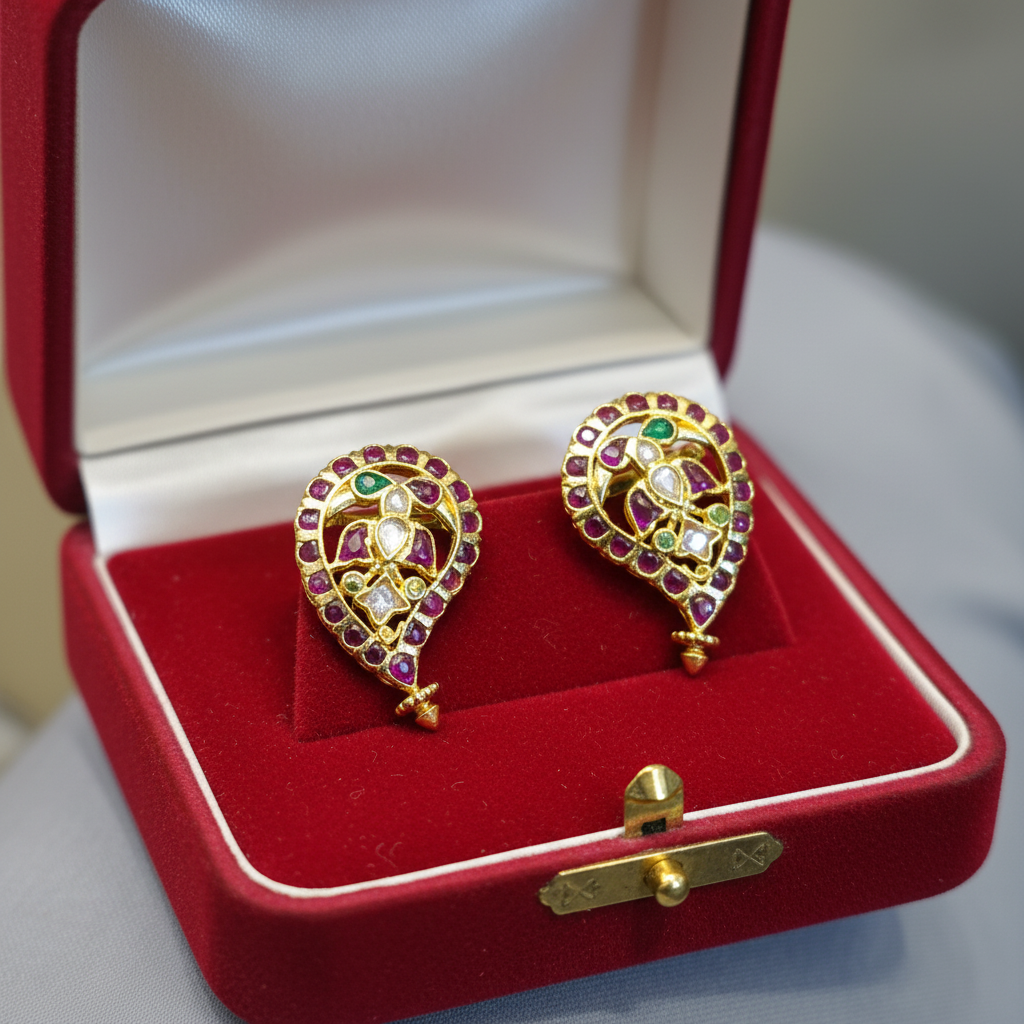 Kempu Mango Polki Kundan Stud Earrings - In Box