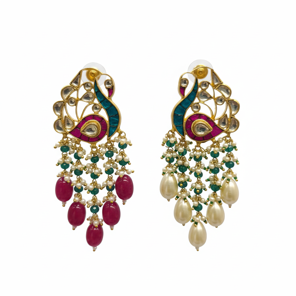 Jadau Kundan Peacock Versatile Earrings on white background showing both drop styles