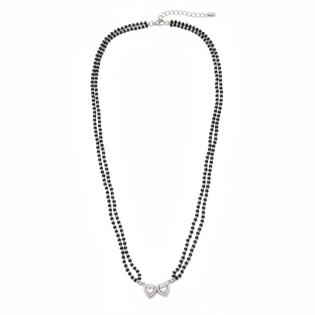 Long double strand black bead mangalsutra with twin heart CZ pendants - white background