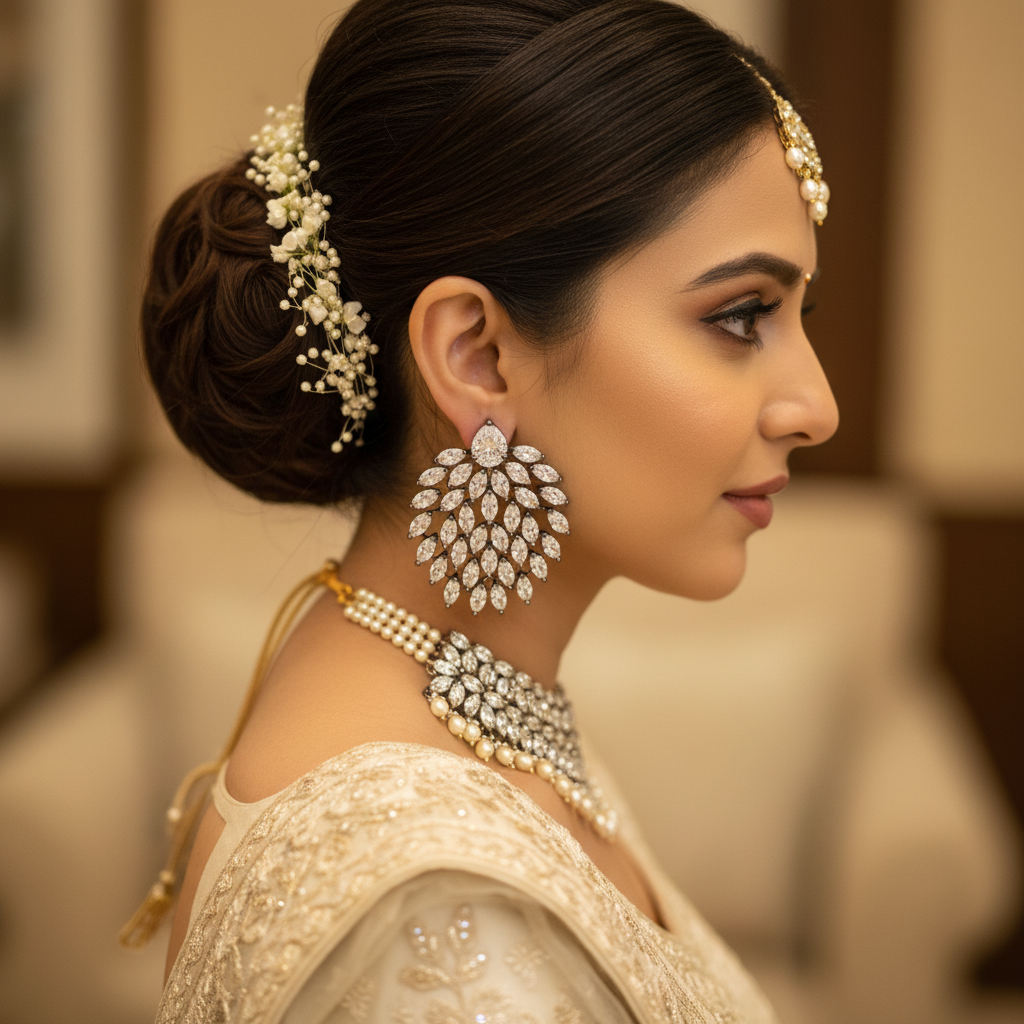 White CZ Leaf Chandelier Earrings Bridal Model Lifestyle Wear