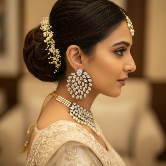 White CZ Leaf Chandelier Earrings Bridal Model Lifestyle Wear