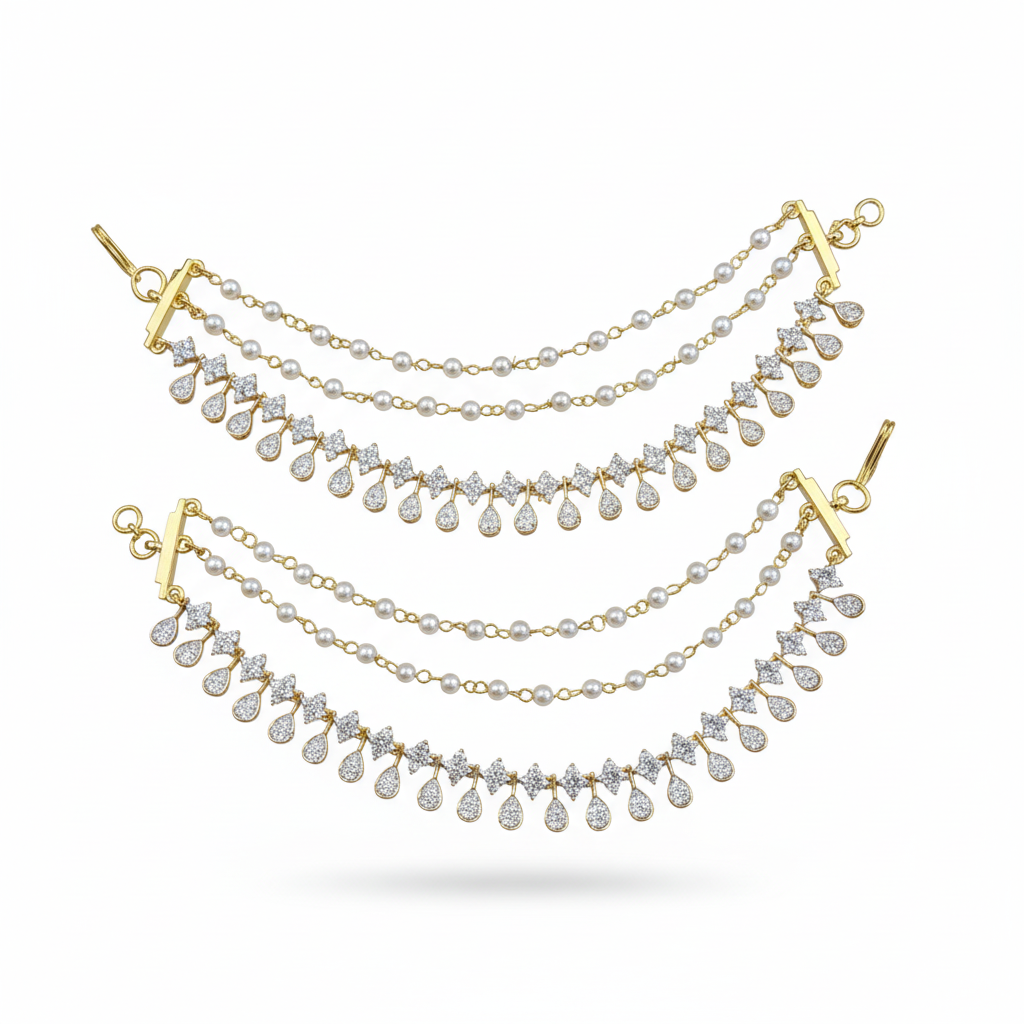 Pearl and diamond ear chains on white background