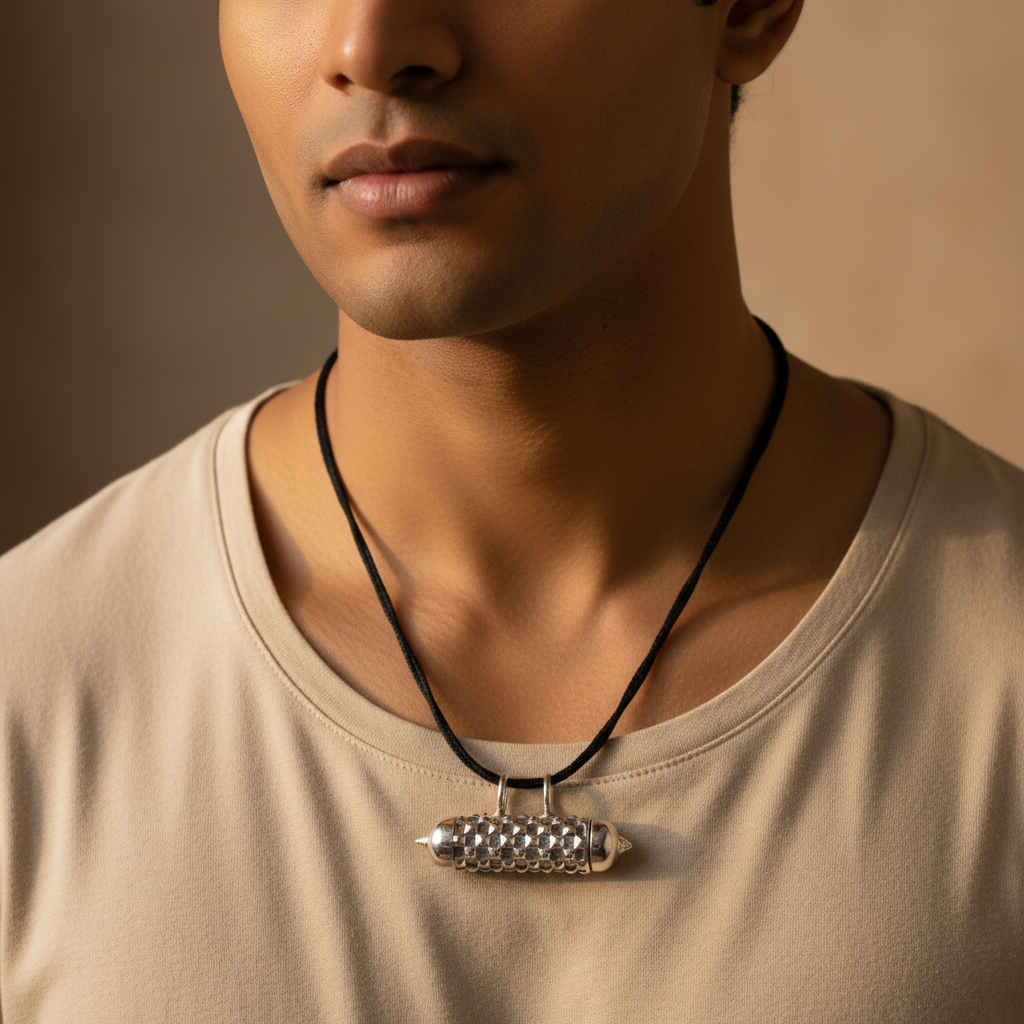 925 Silver Lattice Bullet Amulet Pendant - Lifestyle on Black Thread