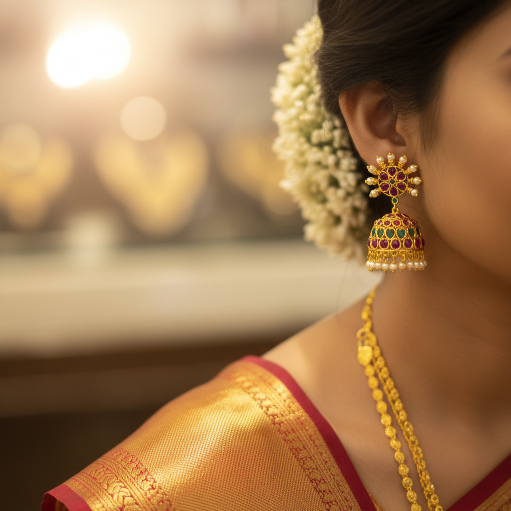 American Diamond Kempu Jhumka lifestyle shot on Indian bride