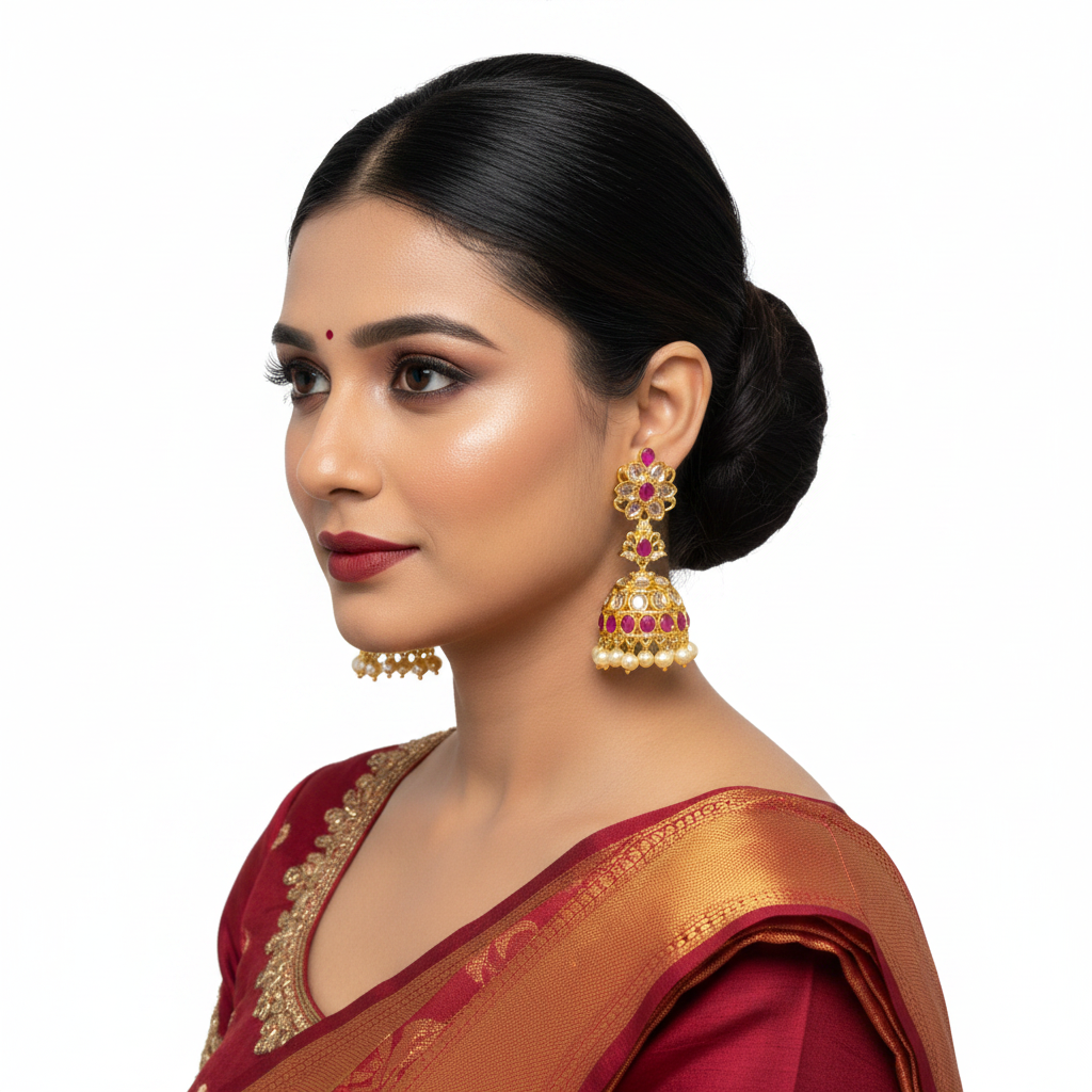 Polki Flower Jhumki Ruby - Model Wear Shot