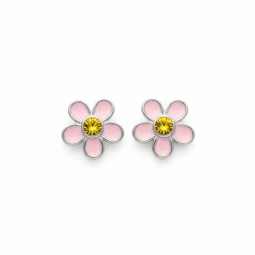 925 Silver Flower Earrings for Kids - Pink Daisy Studs with Yellow Center