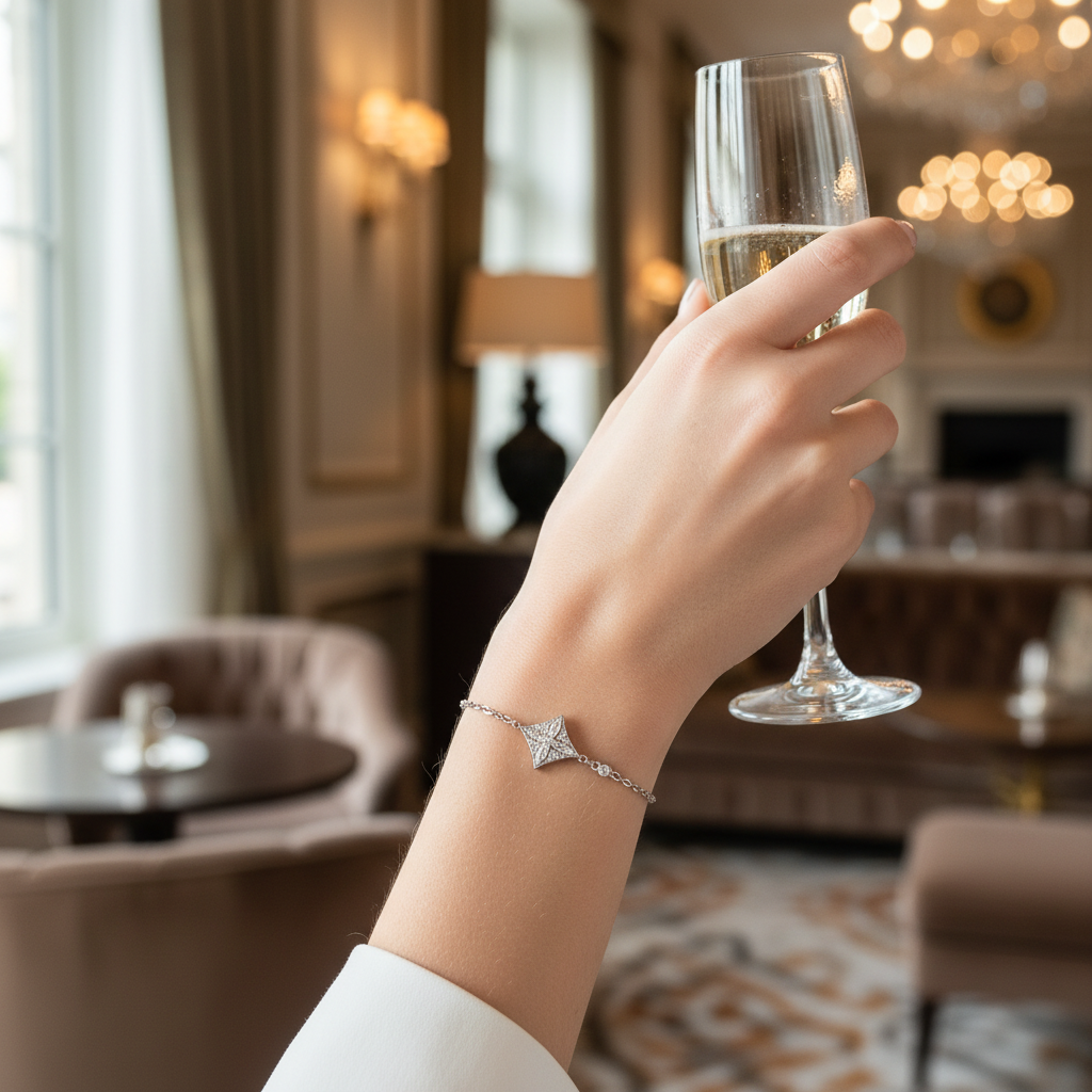 Woman wearing 925 sterling silver diamond-shaped zircon bracelet lifestyle shot