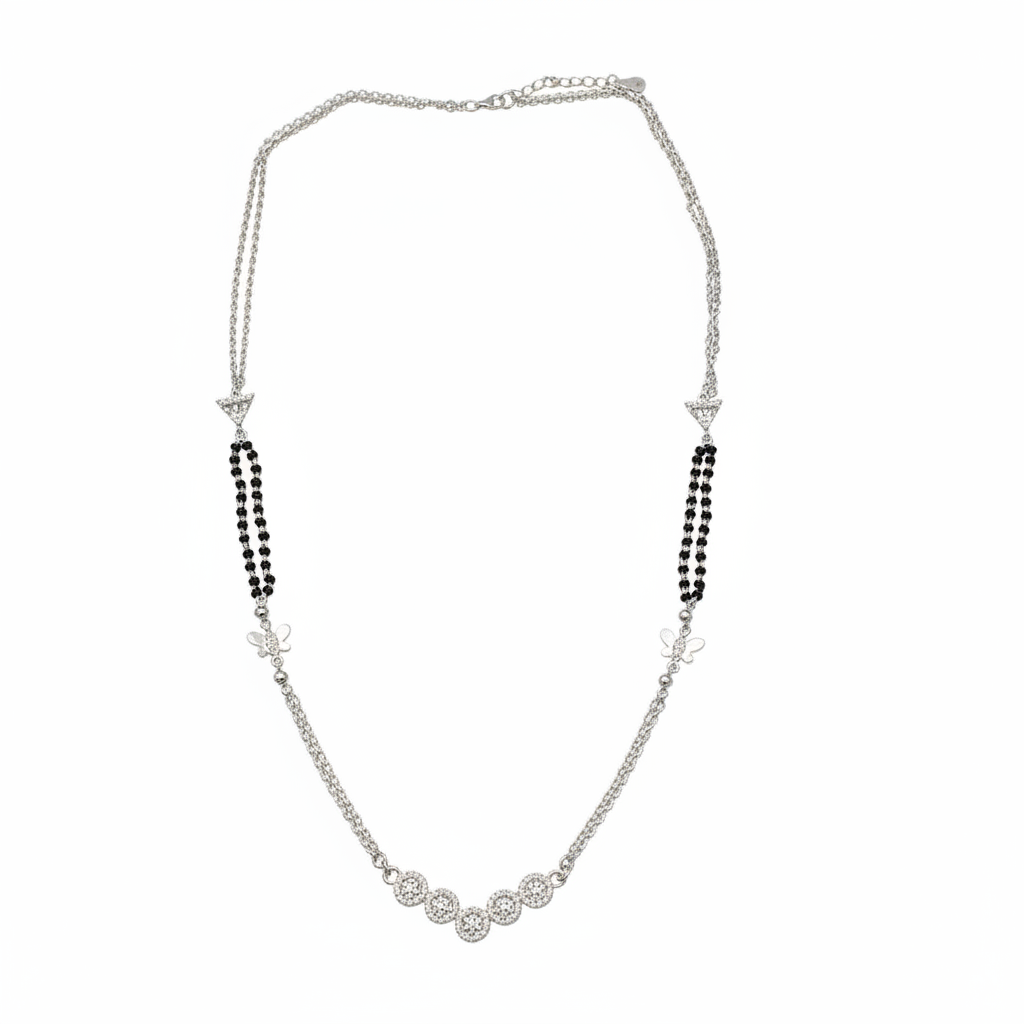 925 Silver Black Beads Mangalsutra Necklace with Diamond Pendant
