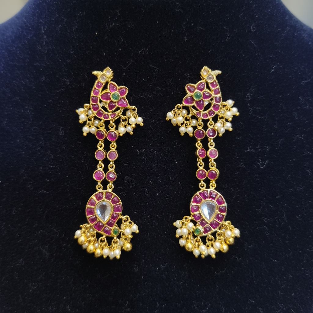 Kempu Polki Long Chandelier Earrings - Flat Lay