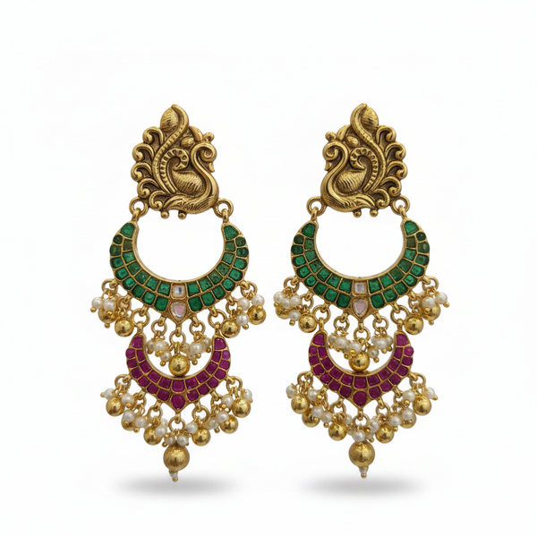 Emerald Ruby Chand Bali Earrings - White Background Hero Shot