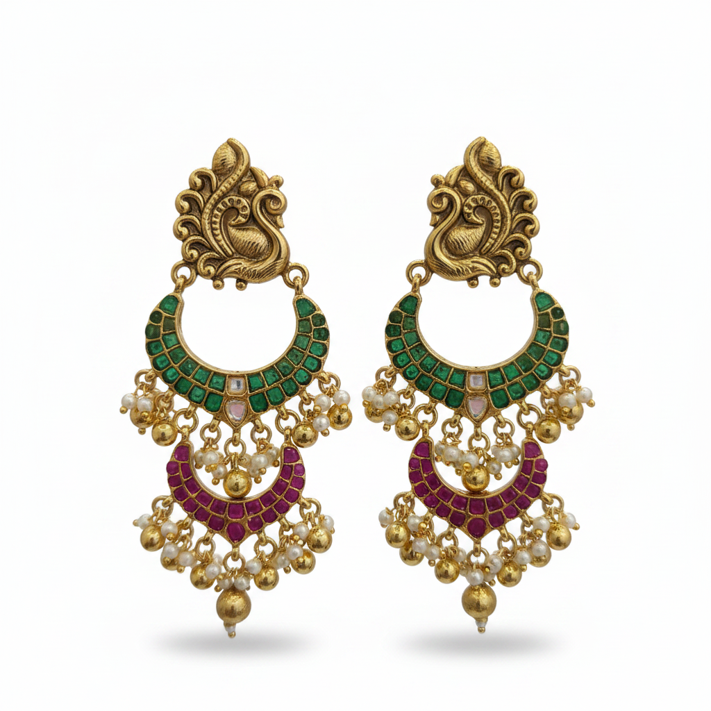 Emerald Ruby Chand Bali Earrings - White Background Hero Shot
