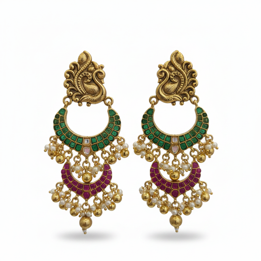 Emerald Ruby Chand Bali Earrings - White Background Hero Shot