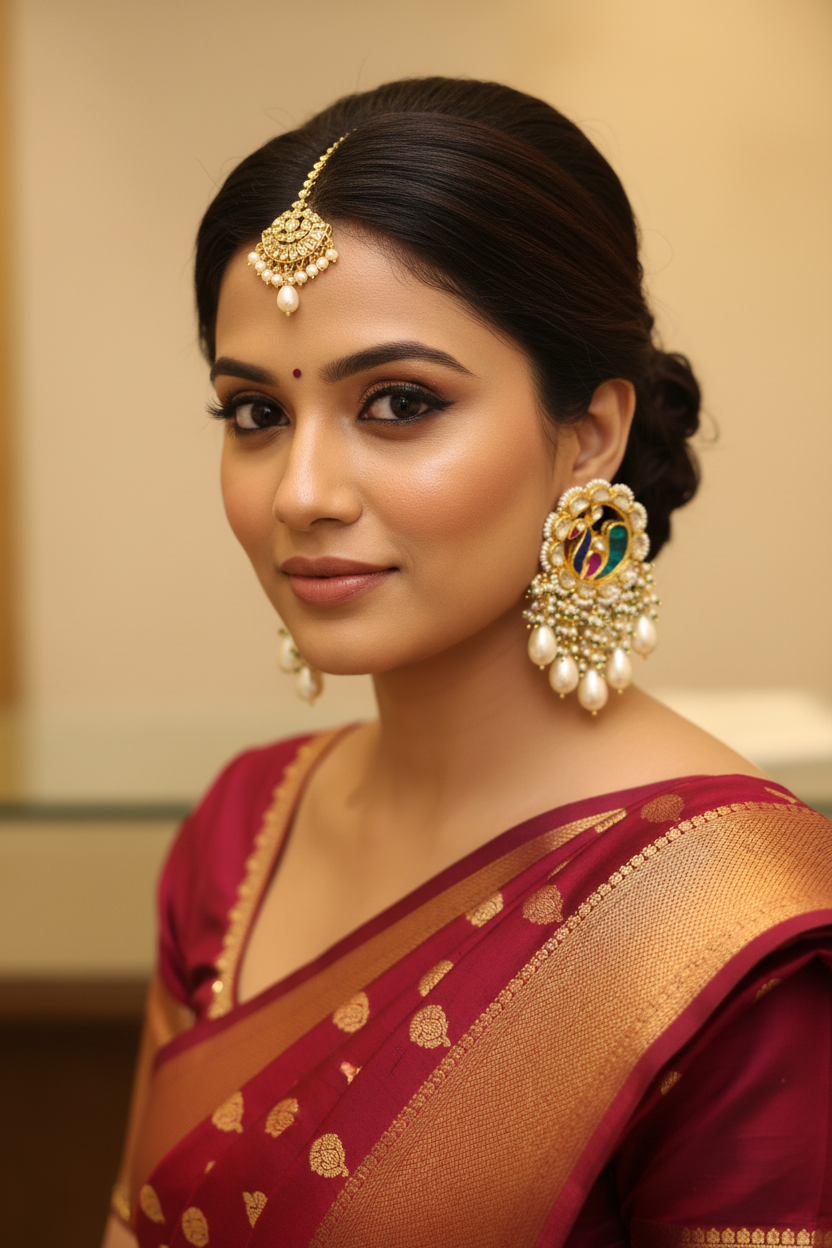 Indian model wearing Jadau Kundan Peacock Earrings editorial shot