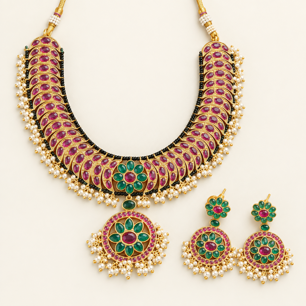 Close-up of green floral centre, round pendant, ruby-toned stones and pearl fringe