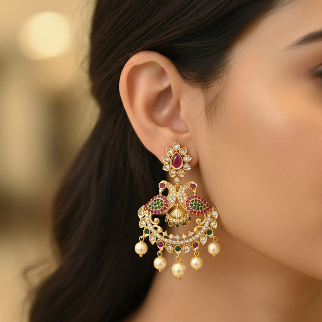Kempu Emerald Peacock Chandbali Earrings - Model Wearing Shot