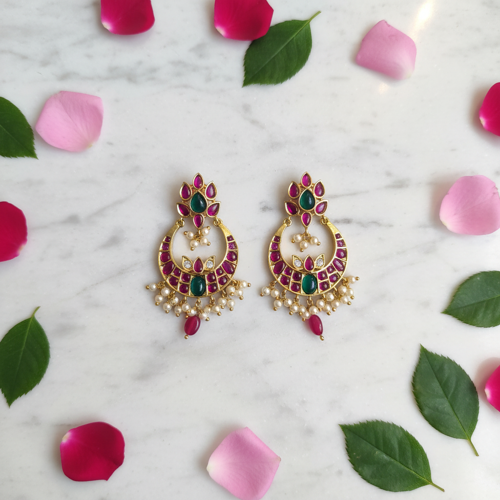 Kempu Chandbali Earrings – flat lay on marble