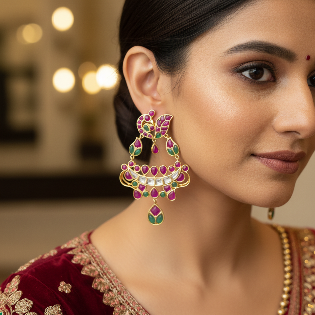 Indian model wearing Kempu Polki Chandbali Earrings ruby emerald in bridal attire