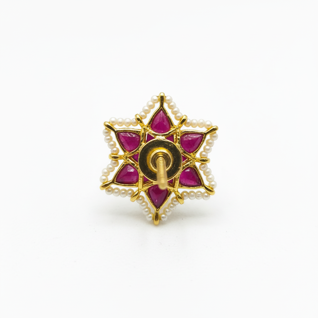 Kundan Ruby Star Stud Earrings macro close-up gemstone detail
