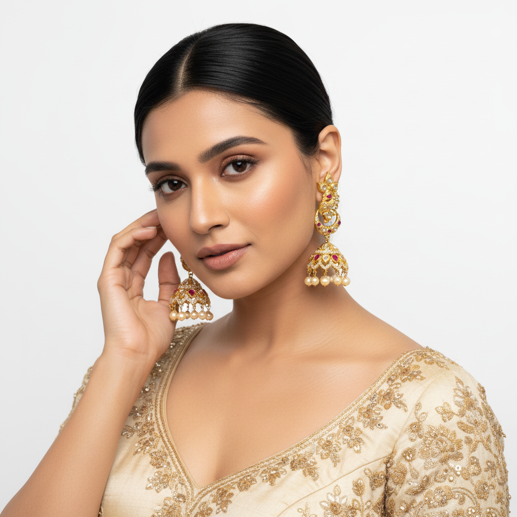 Model wearing Gold Plated Polki CZ Jhumki Earrings