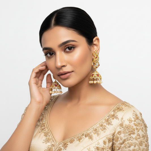 Model wearing Gold Plated Polki CZ Jhumki Earrings