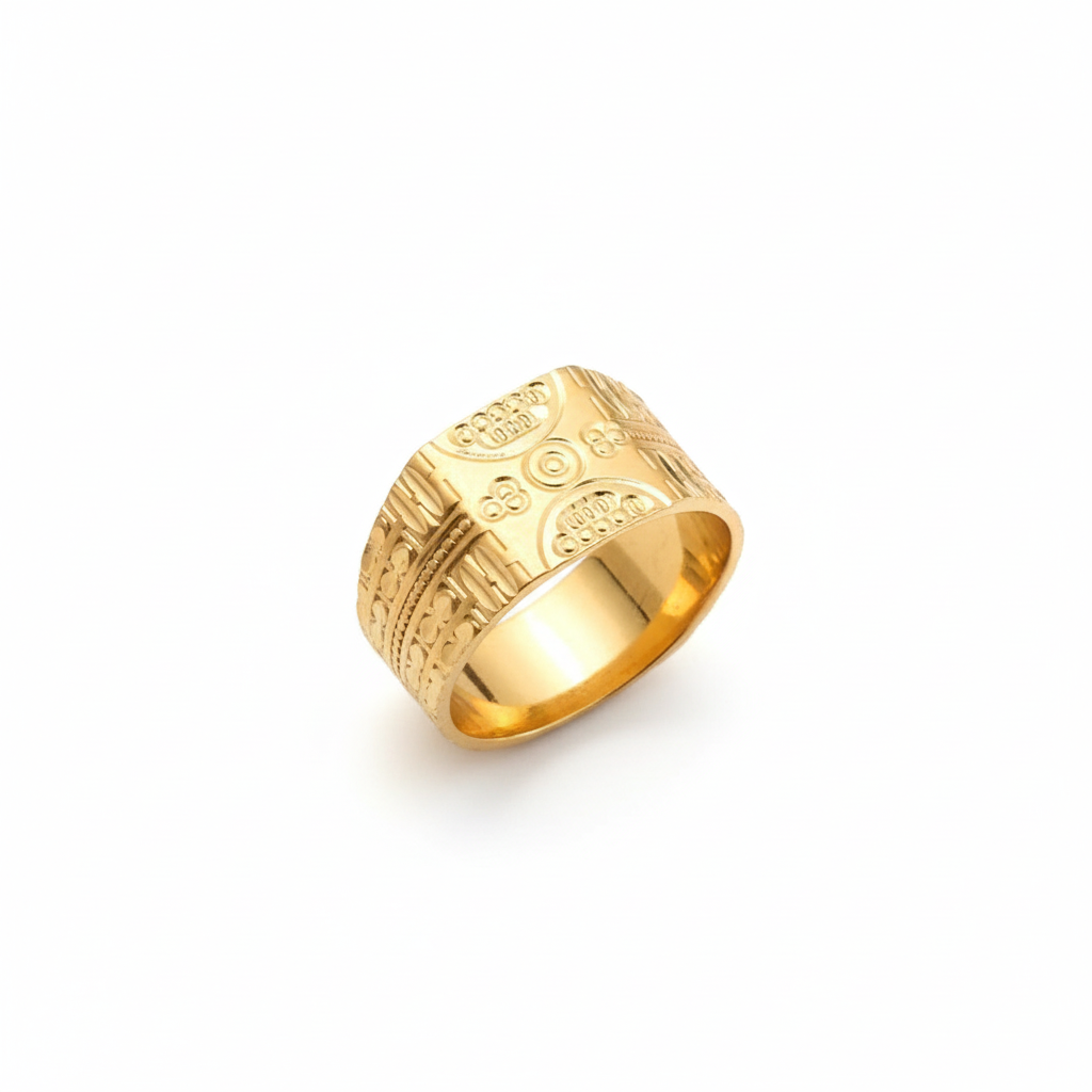 24K Gold Plated Ornate Traditional Men's Ring - Premium Carved Band