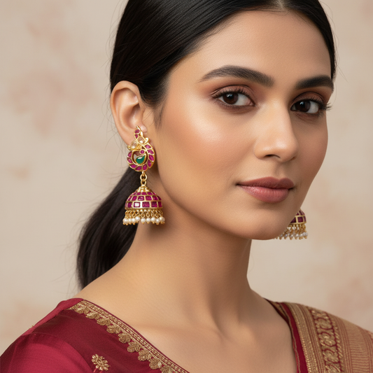 Peacock Kempu Jhumka Small - Model Wear