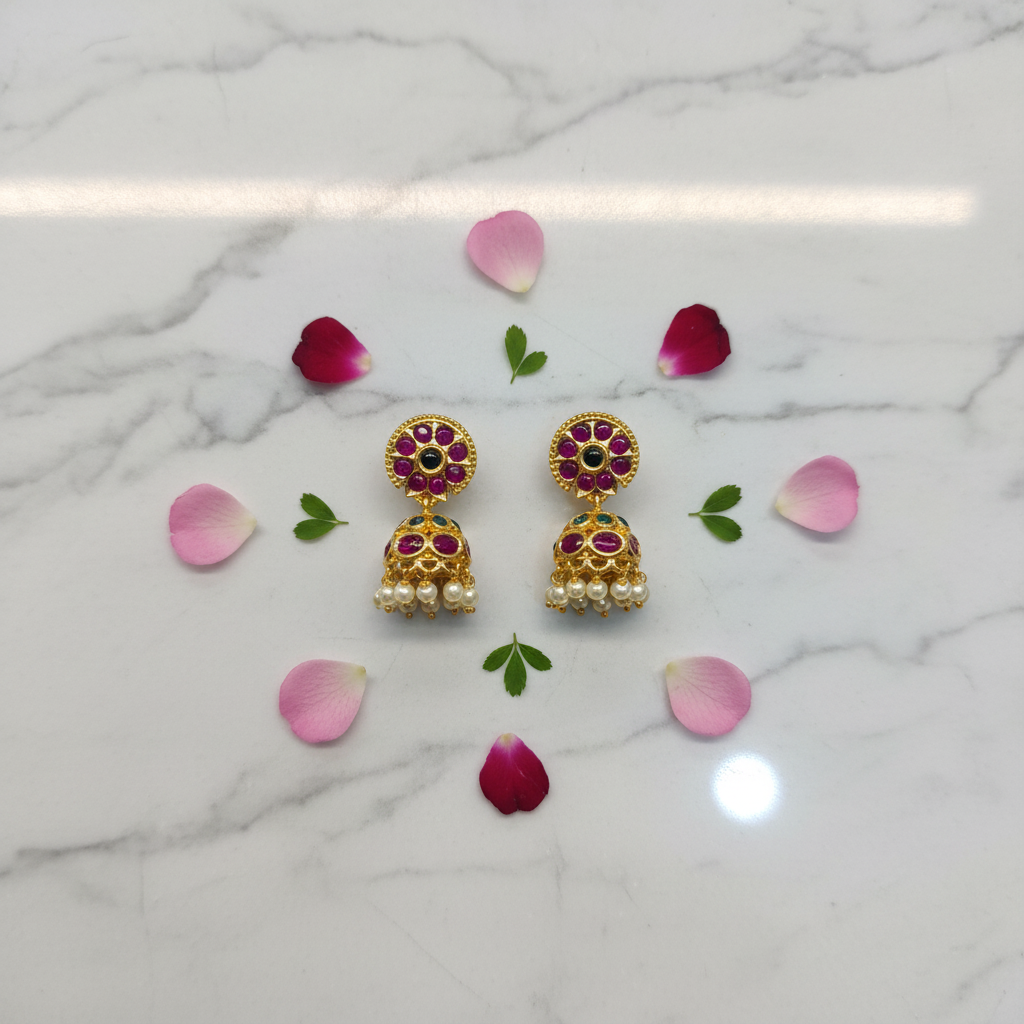 Kids Kempu Jhumki flat lay on marble with rose petals and green leaves