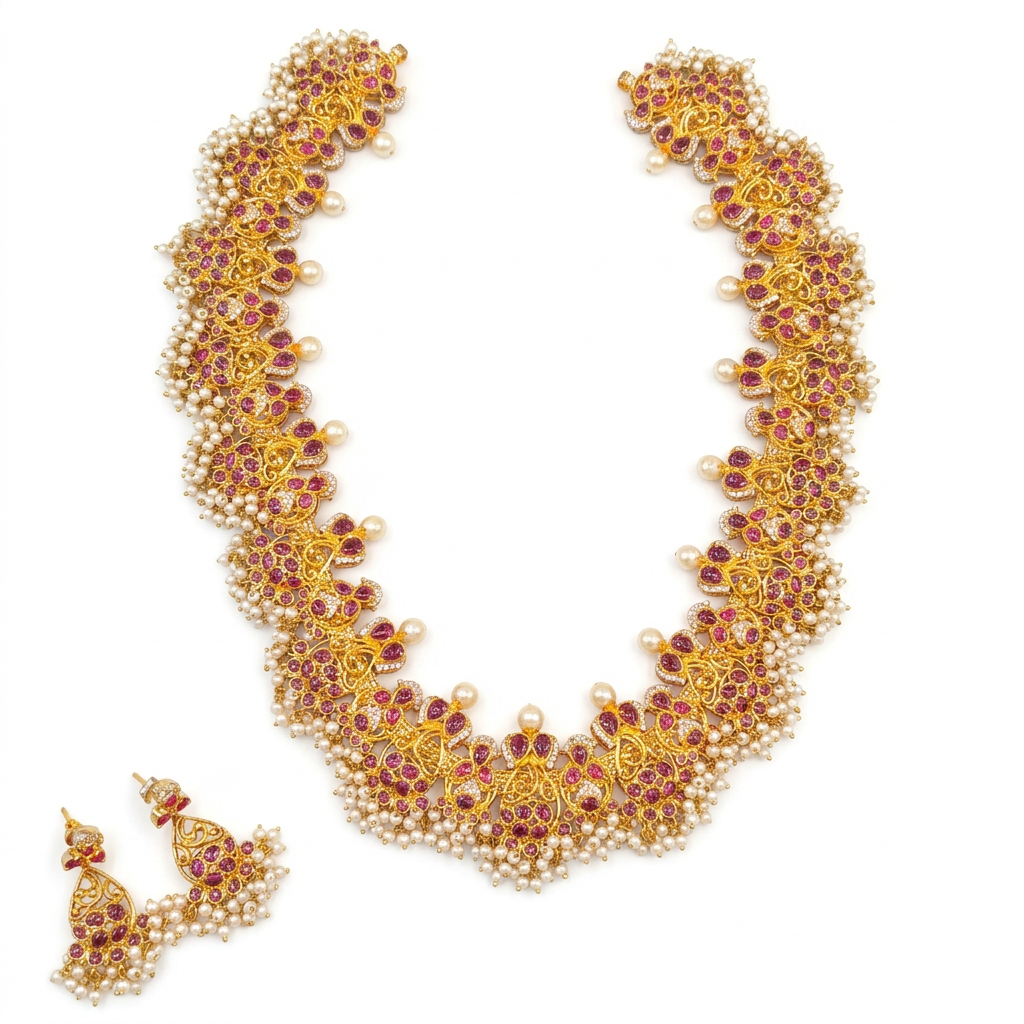 Kempu Guttapusalu necklace and matching earrings on white background